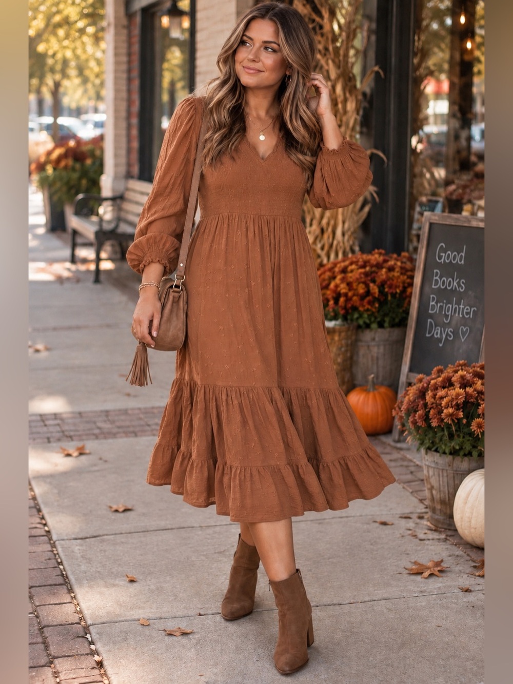 OLD NAVY Tiered MIDI Dress 4X Rust Brown Boho Long Sleeve V-Neck Cottagecor